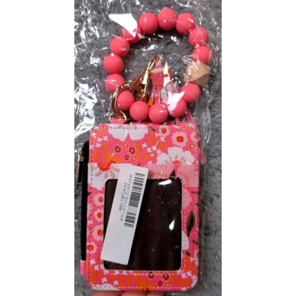 Unbranded Card Holder Keychain Women OS Pink Floral Wristlet Tassel Zipper
